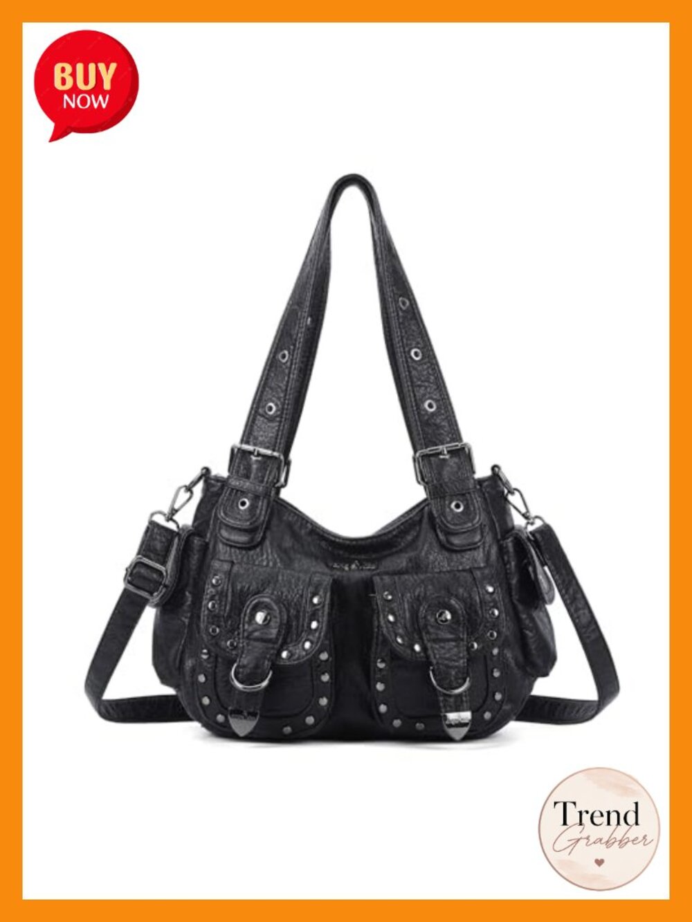Vegan Leather Hobo Shoulder Bag Multi Pocket Studded Y2K Tote